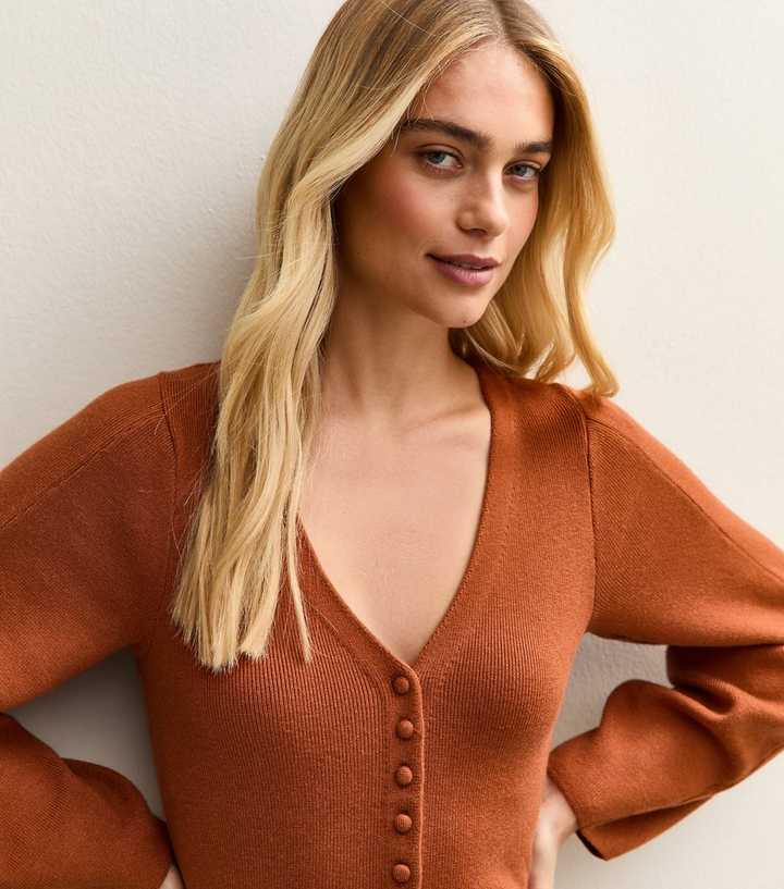 Tan Compact Knit V-Neck Cardigan