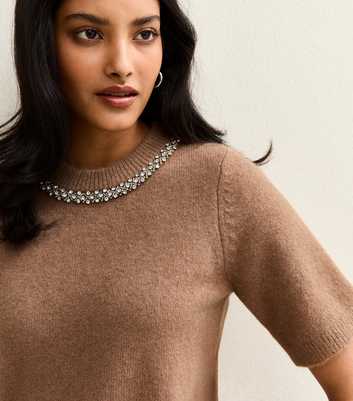Camel Embellished Neck Short Sleeve Top