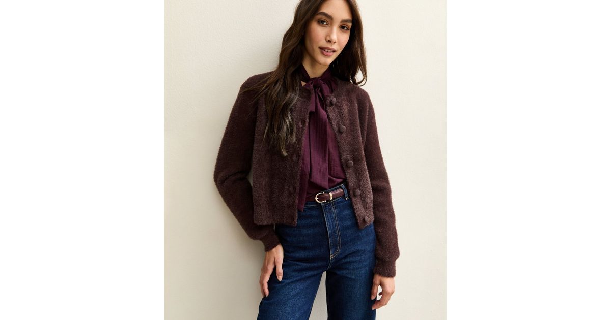 Dark Brown Fluffy Texture Crew Neck Cardigan | New Look