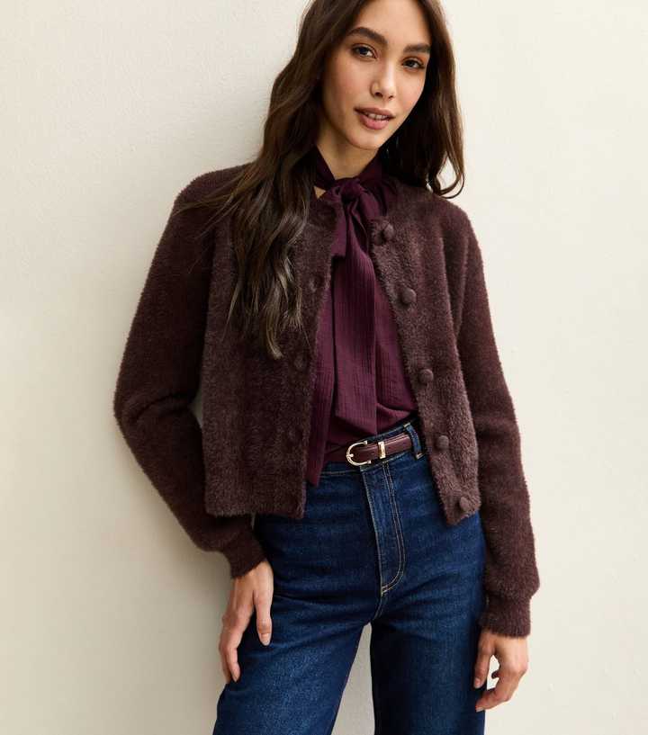 Dark Brown Fluffy Texture Crew Neck Cardigan