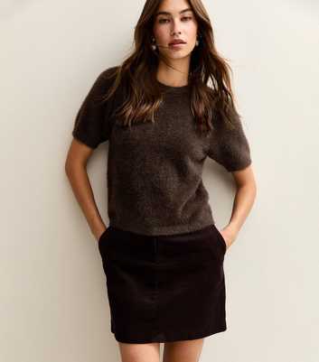 Dark Brown Fluffy Knit Puff Sleeve T-Shirt