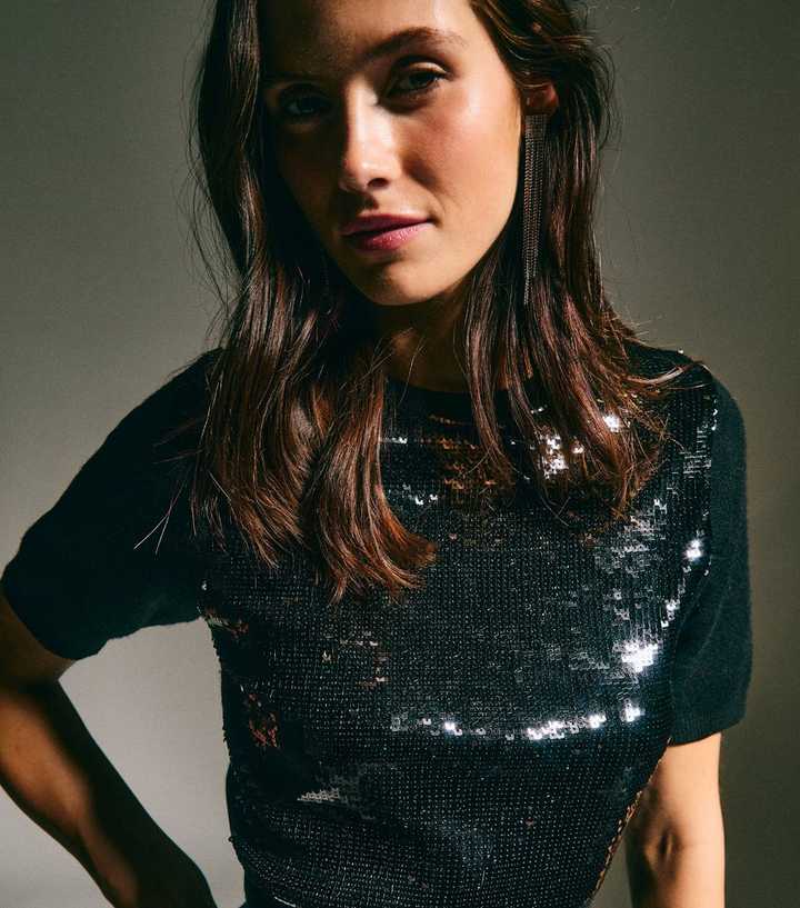 Black Sequin Embellished Top
