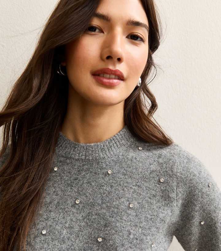 Mid Grey Diamanté Embellished Short Sleeve Top