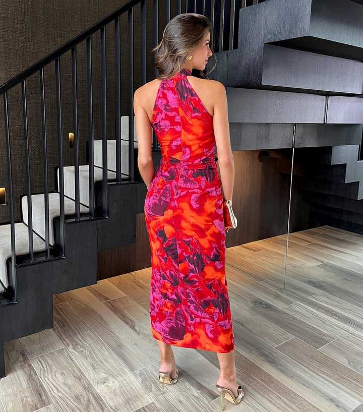 sachin and babi light blue dress Navy Yumi Floral Halter Neck Midi Dress With Matching Belt main image 0