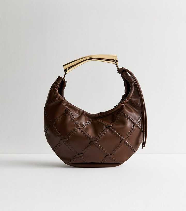 Brown Faux Leather Whipstitch Detail Shoulder Bag
