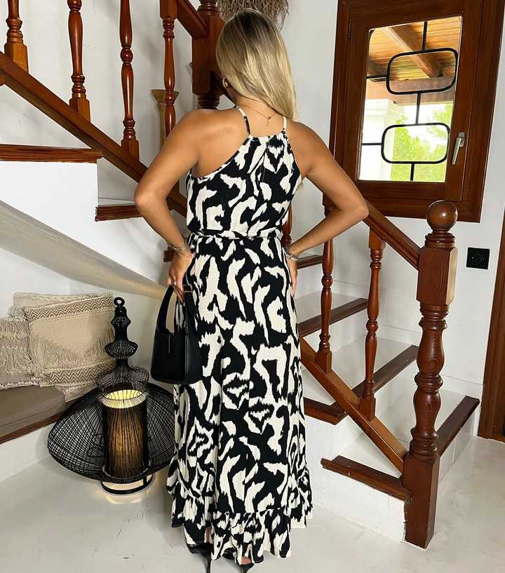 AX Paris Black Abstract Racer Frill Midi Dress