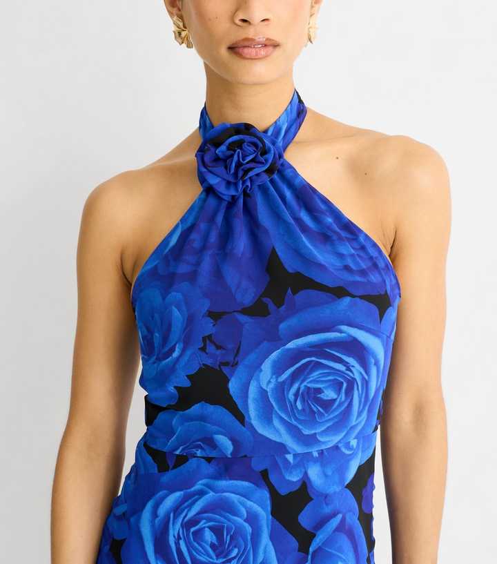 Gini London Blue Floral Print Halter Neck Maxi Dress | New Look
