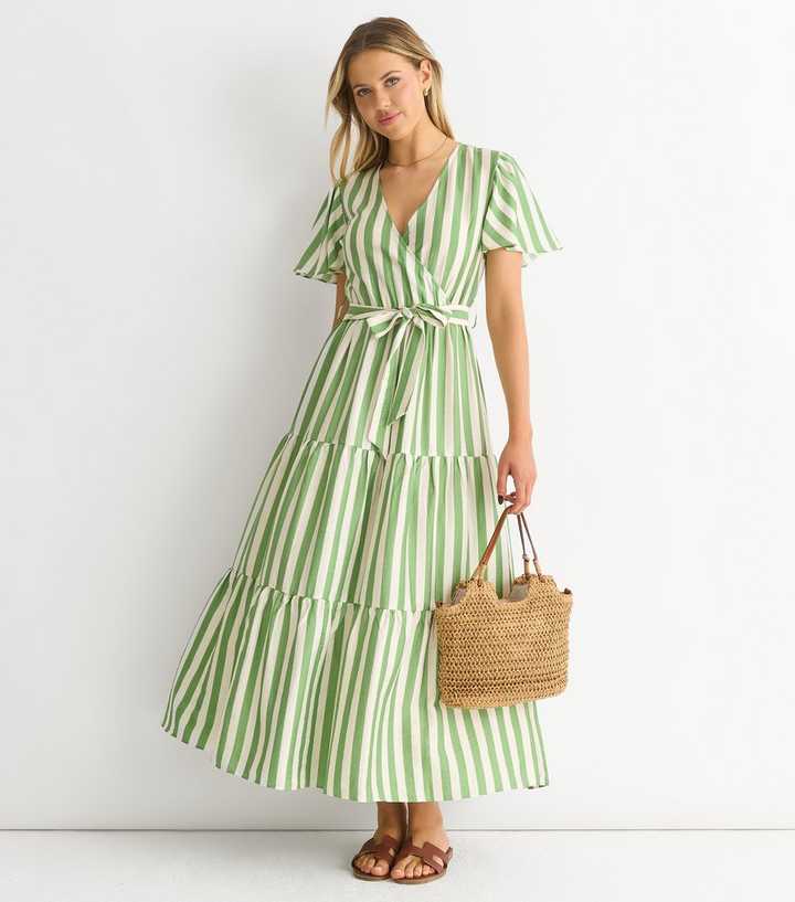 Gini London Green Striped Wrap Midi Dress | New Look
