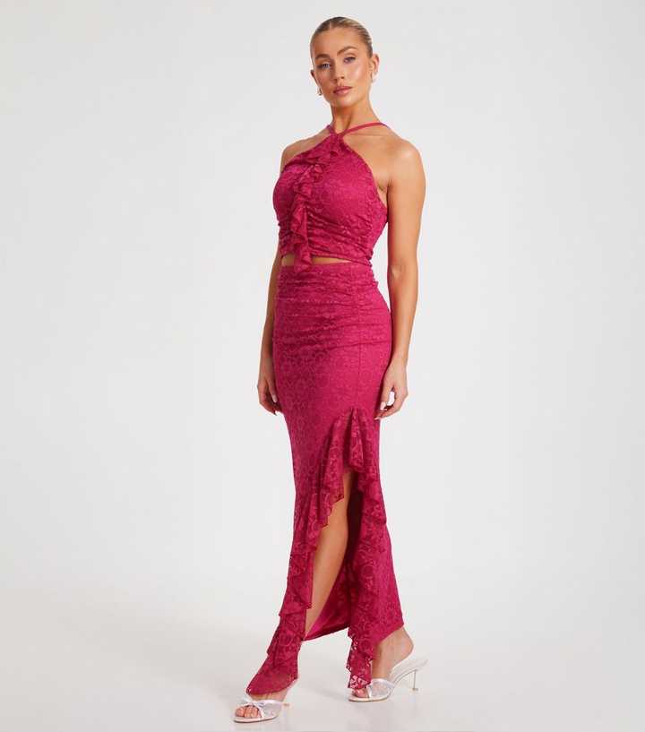 QUIZ Pink Lace Frilly Trim Maxi Skirt | New Look