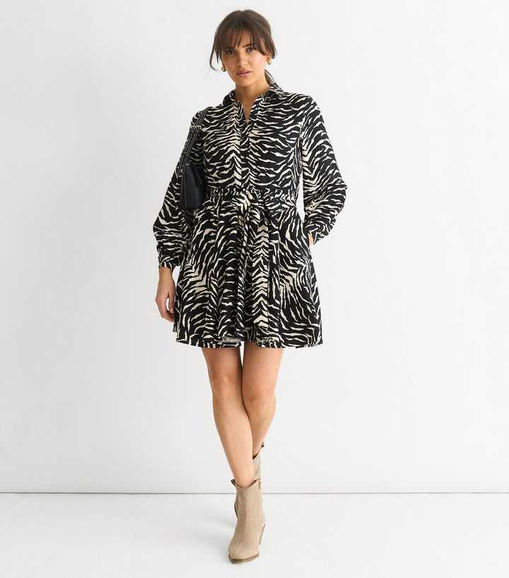Gini London Black Zebra Print Belted Mini Shirt Dress
