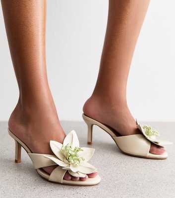 Off White Faux Leather Floral Appliqued Mules