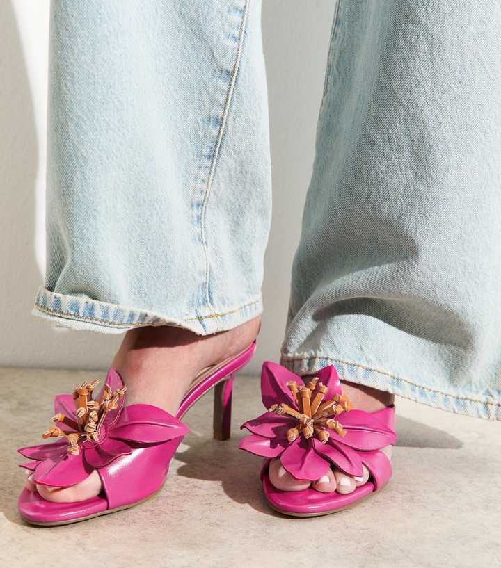 Bright Pink Faux Leather Floral Appliqued Mules