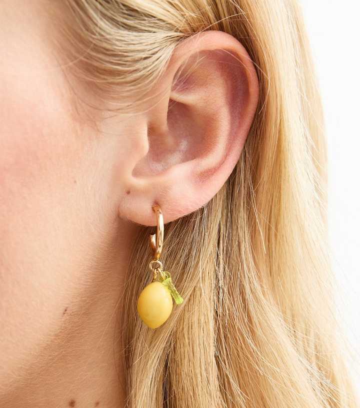Gold Tone Lemon Charm Hoop Earrings