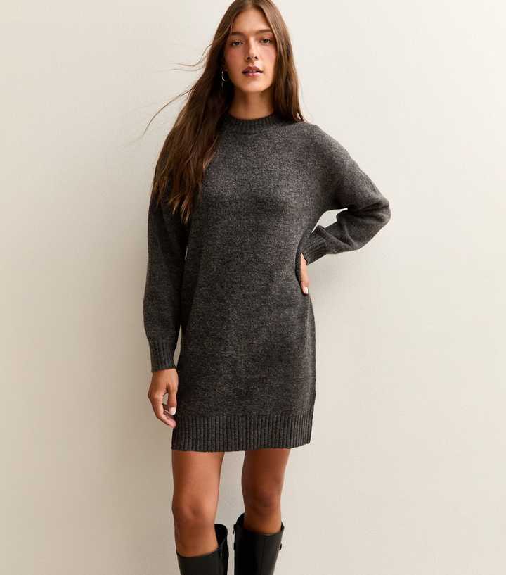 Dark Grey Knit Jumper Mini Dress
