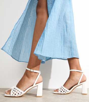 White Faux Leather Woven Strap Block Heel Sandals