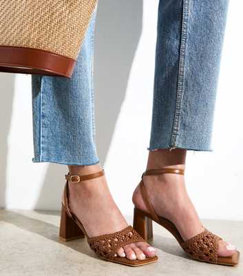 Tan Faux Leather Woven Strap Block Heel Sandals