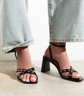 Black Textured Faux Leather Eyelet Detail Block Heel Sandals