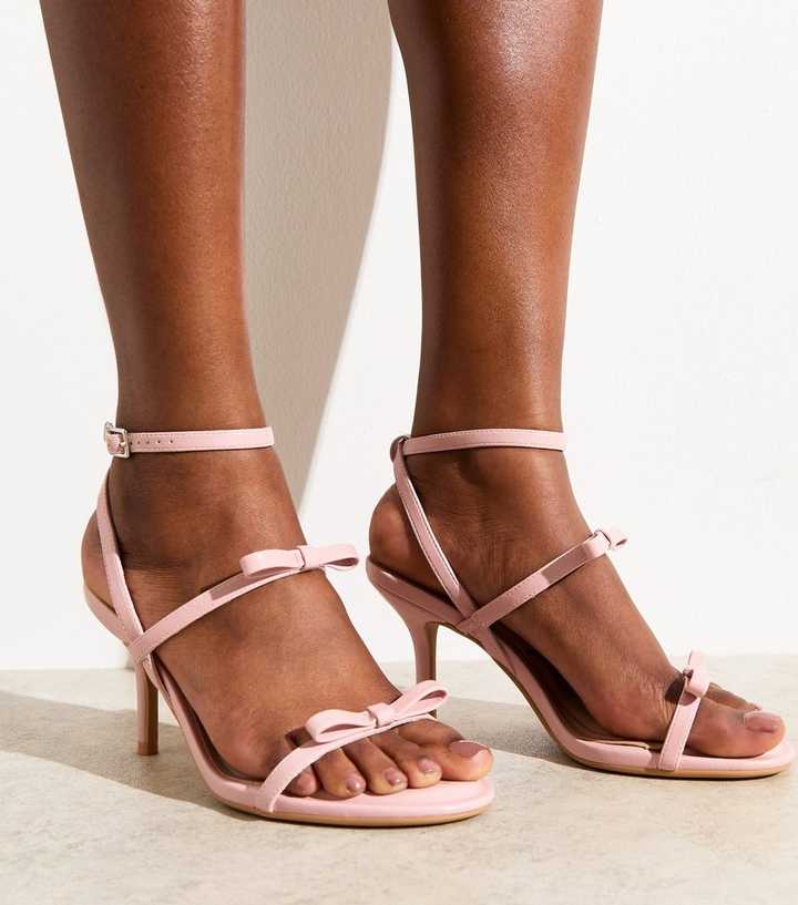 Pink Faux Leather Bow Strap Stiletto Heel Sandals