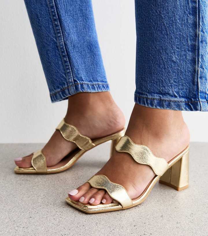 Gold Metallic Faux Leather Scalloped Strap Mule Sandals