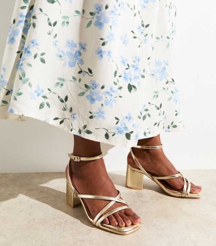 Extra Wide Fit Gold Metallic Faux Leather Strappy Block Heel Sandals