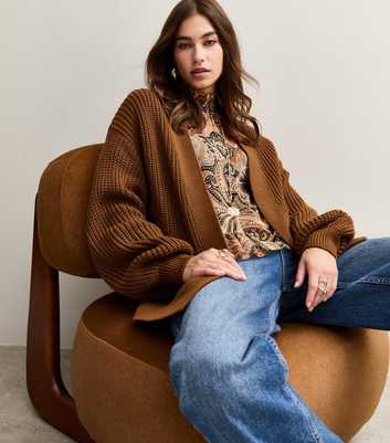 Tan Stitchy Knit Balloon Sleeve Cardigan