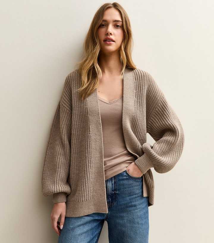 Dark Mink Stitchy Knit Balloon Sleeve Cardigan
