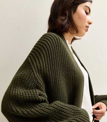Dark Khaki Stitchy Knit Balloon Sleeve Cardigan