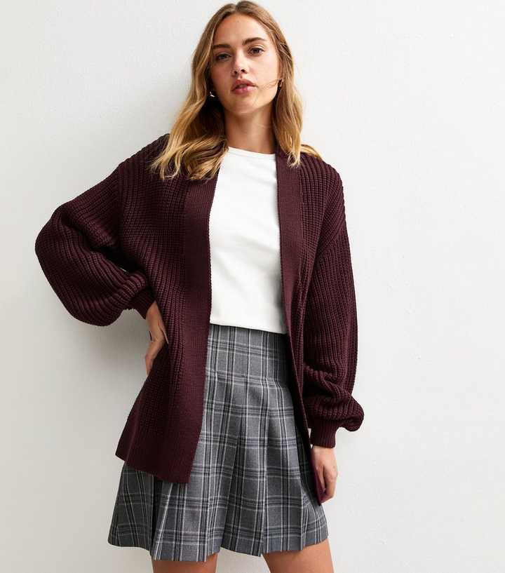 Burgundy Stitchy Knit Balloon Sleeve Cardigan