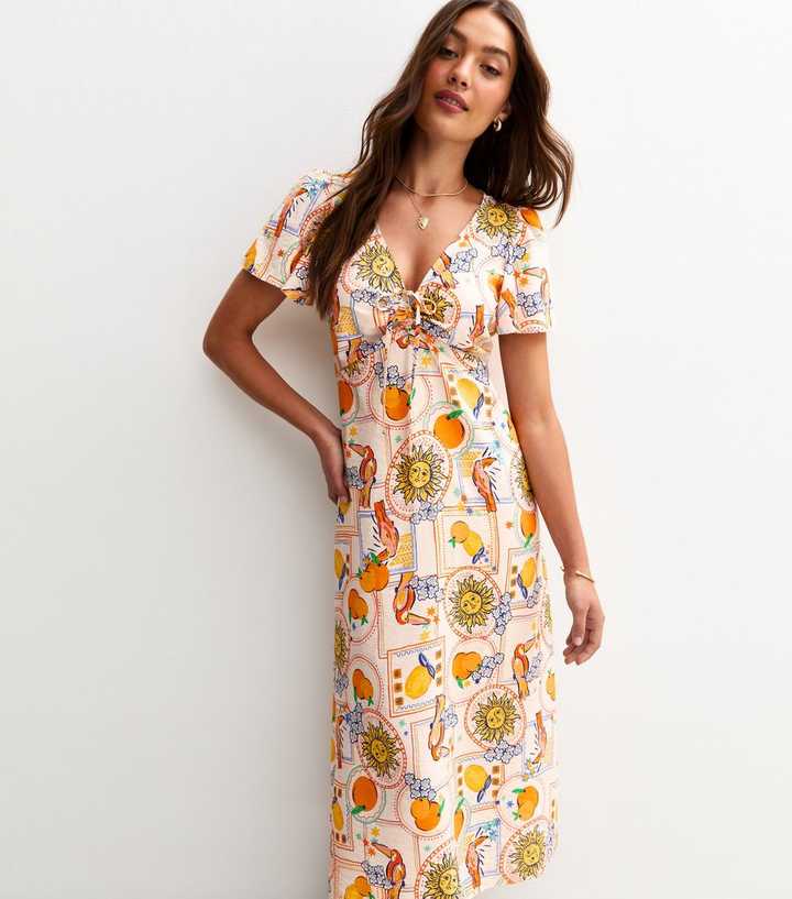 Cream Postcard Print Midi Dress