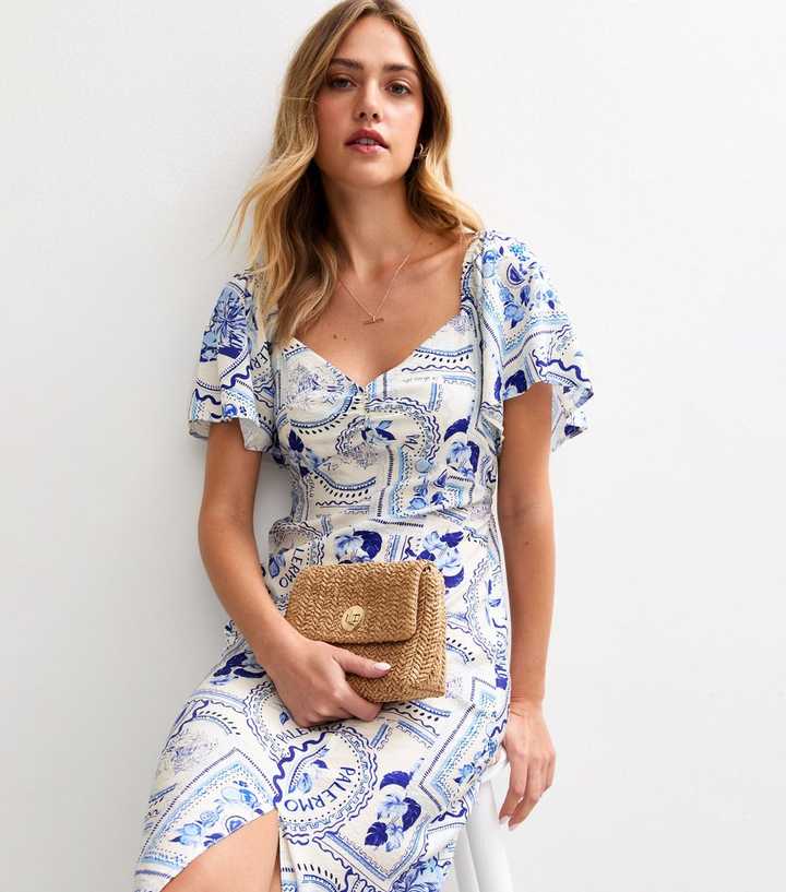 White Amalfi Postcard Print Slit Hem Midi Dress