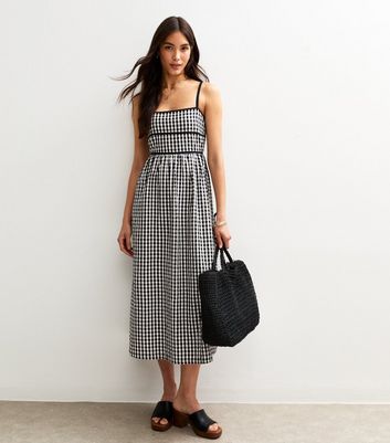 Black Gingham Check Strappy Midi Dress | New Look