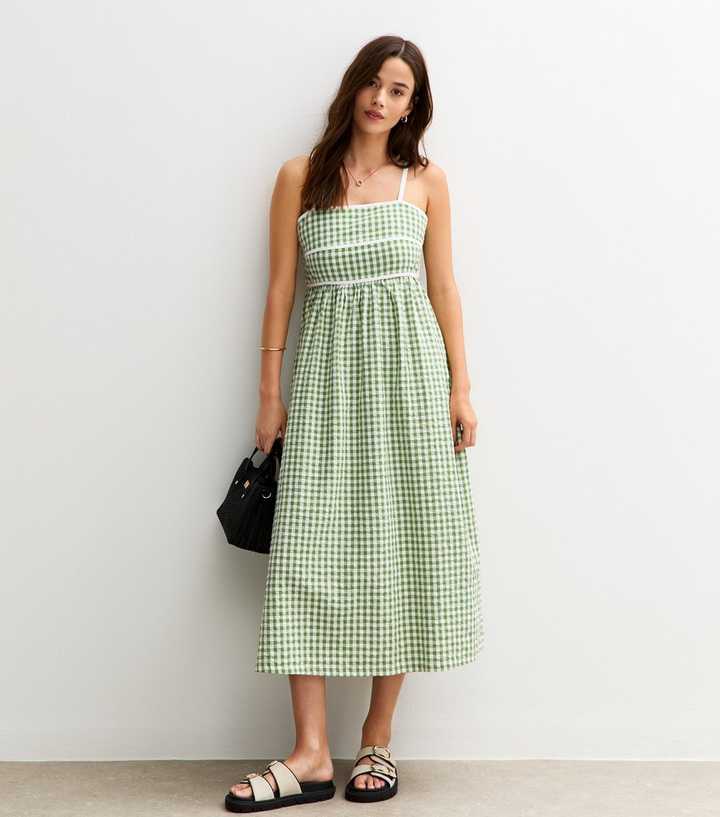Green Gingham Check Strappy Midi Dress