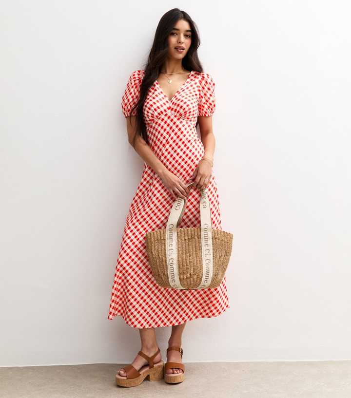 Red Gingham V Neck Midi Dress