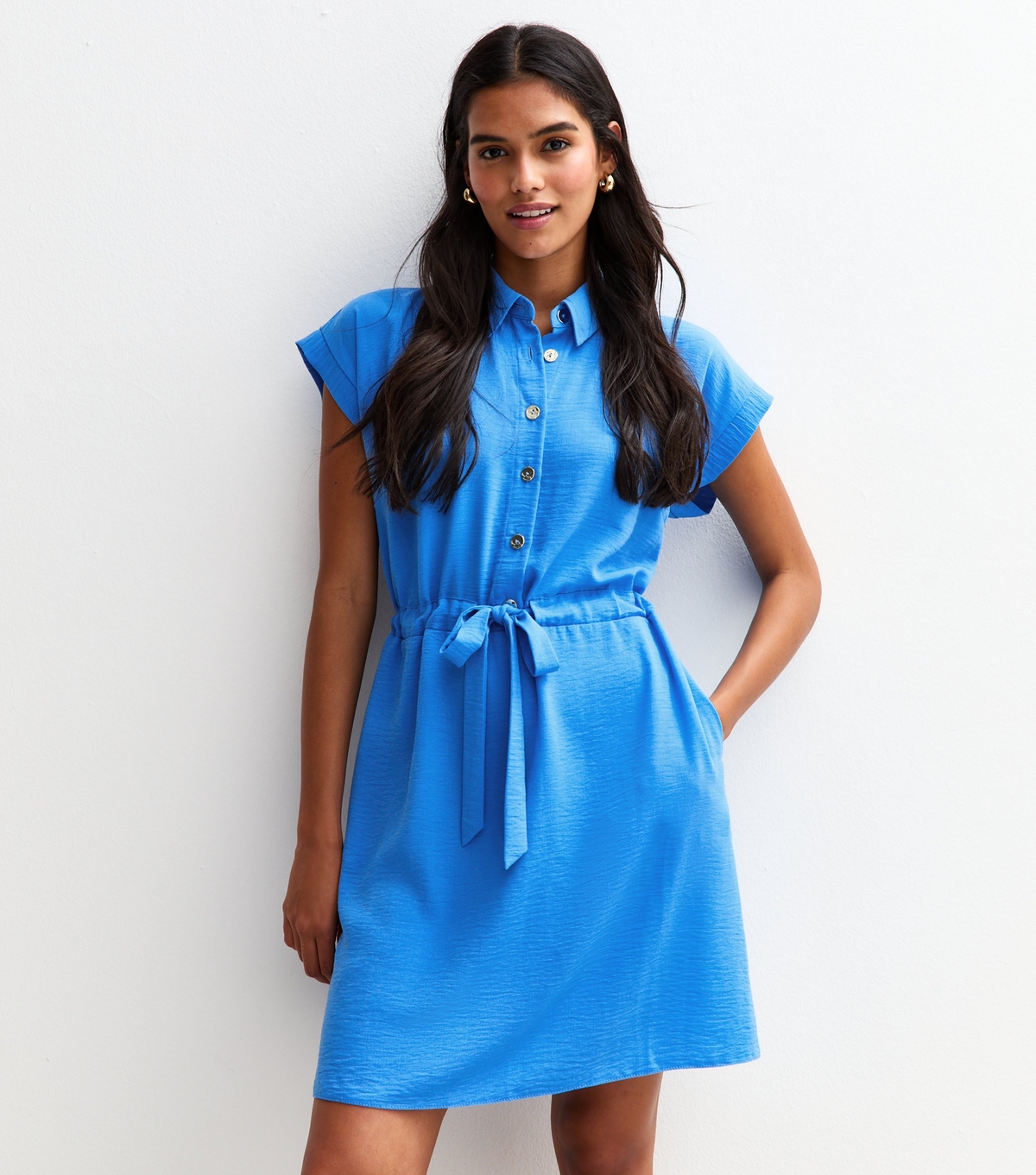 Women's Blue Drawstring Waist Short Sleeve Mini Shirt Dress New Look