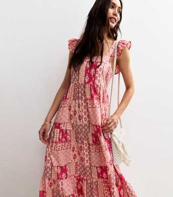 Pink Patchwork Print Tie Back Midi Dress