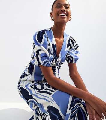Blue Palm Tree Print Midi Dress