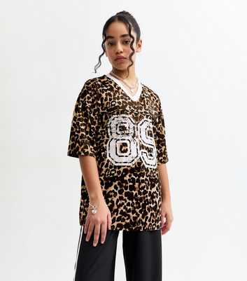 Girls Brown 89 Leopard Print Football Top