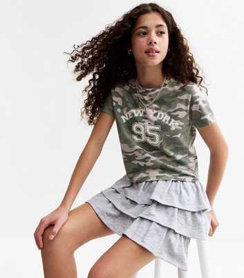 Girls Green New York Camouflage Print T-Shirt