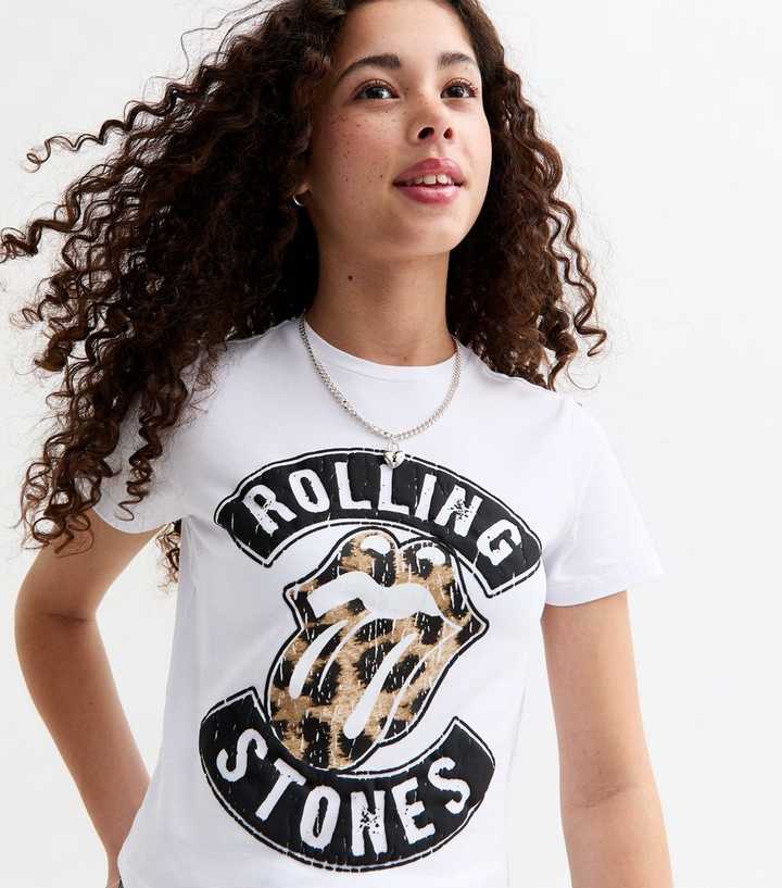 Girls White Leopard Print Rolling Stones Print T-Shirt New Look