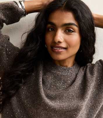 Petite Dark Mink Sequin Yarn Crew Neck Jumper