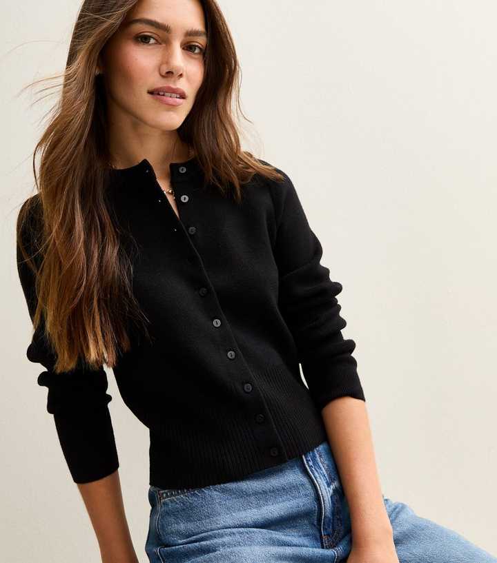 Petite Black Compact Knit Crew Neck Cardigan