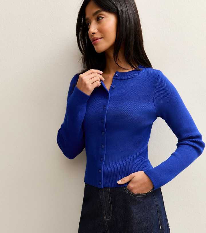 Petite Bright Blue Compact Knit Crew Neck Cardigan