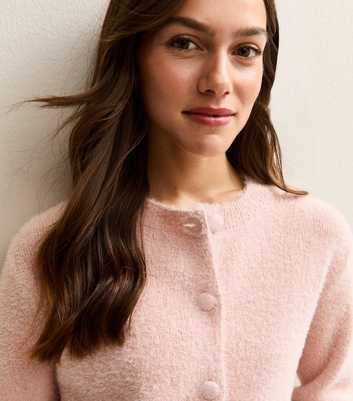 Petite Light Pink Fluffy Crew Neck Cardigan