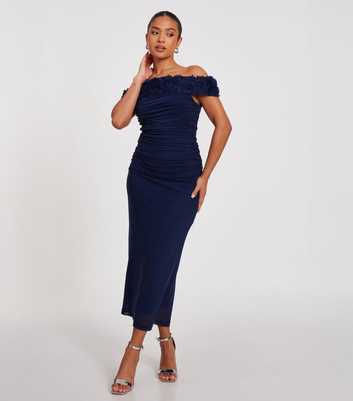 QUIZ Petite Navy Floral Appliqued Bardot Mesh Midi Dress
