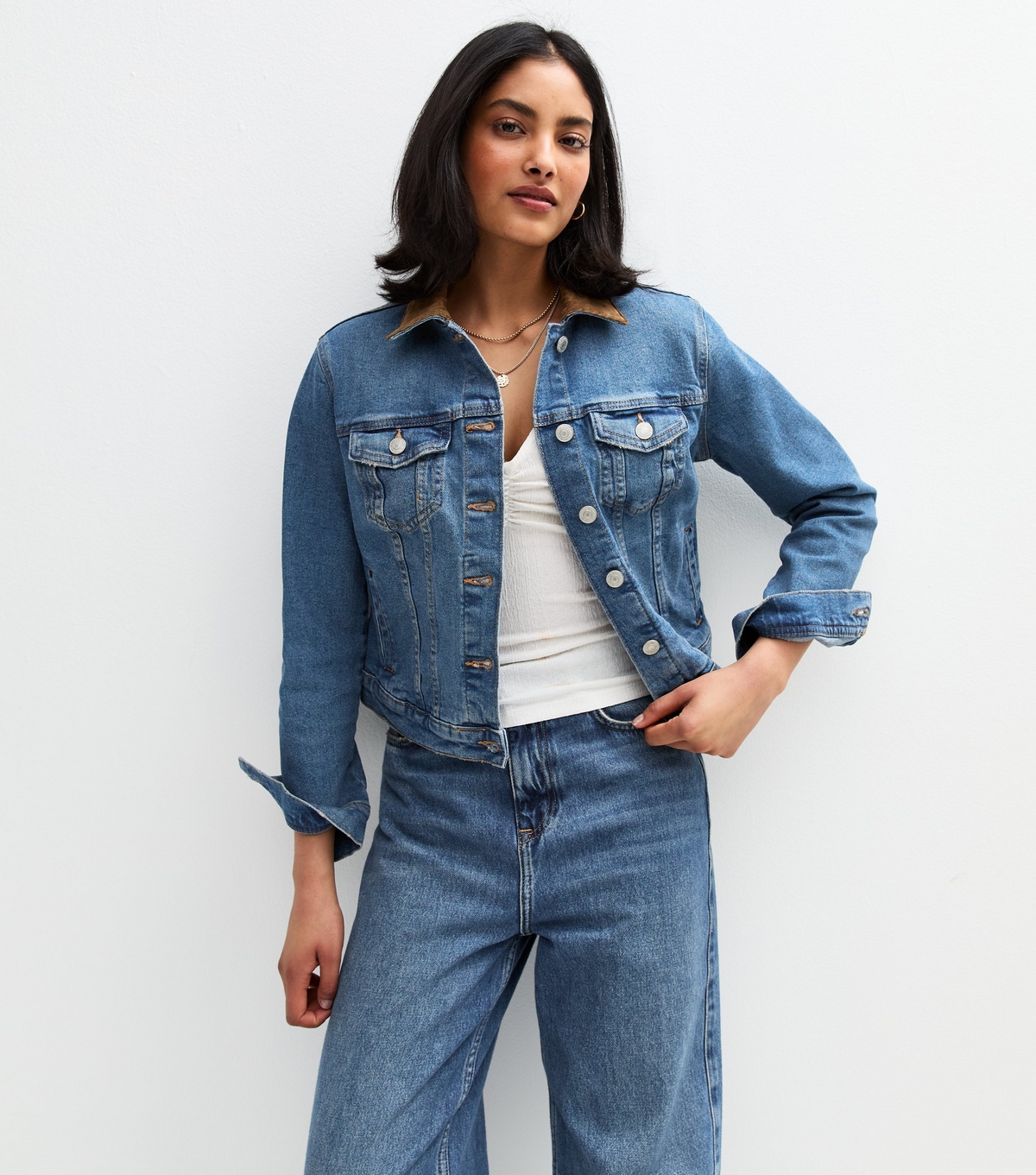 Women's Blue Corduroy Collar Denim Jacket New Look