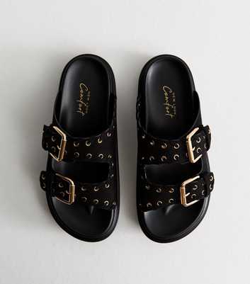 Black Faux Suede Eyelet Embellished Flatform Sandals