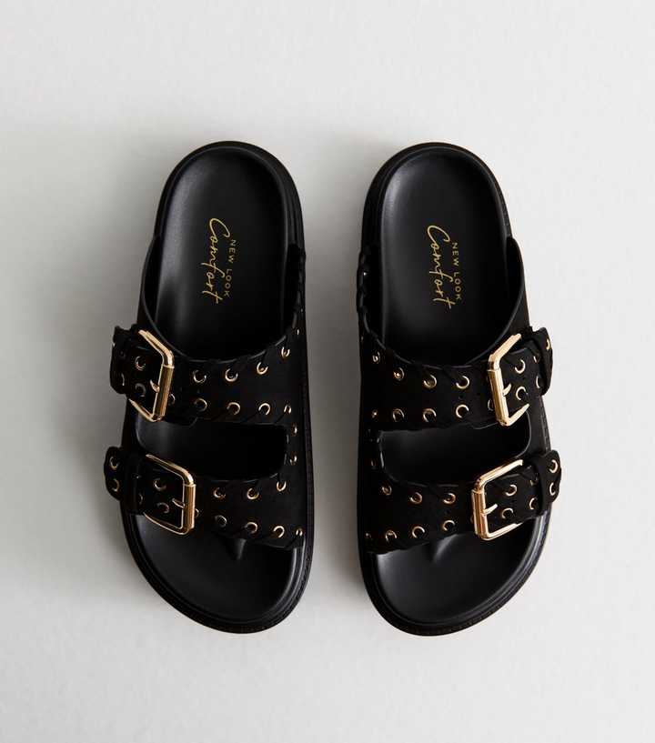 Black Faux Suede Eyelet Embellished Flatform Sandals