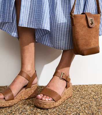 Brown Faux Leather Studded Flatform Sandals