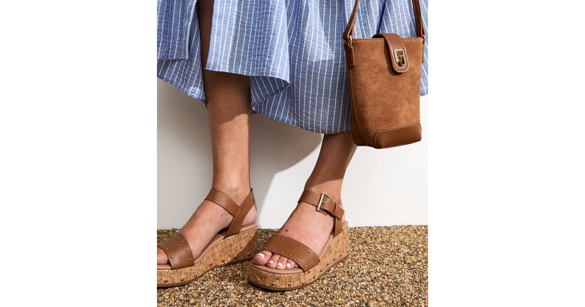 Brown Faux Leather Platform Sandals With Cushioned Insole For Women 1.96 Inch Heel main image 1