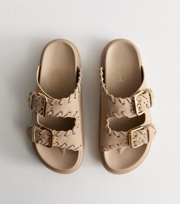 Camel Faux Suede Whipstitched Strap Flatform Sandals